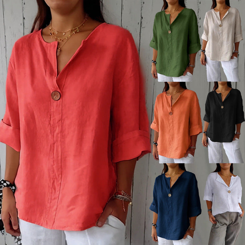Summer New Loose T-shirt Women's V-neck Solid Color Button Three-quarters Sleeve Top