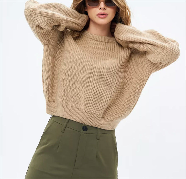 Women's Solid-color Crew-neck Loose-fitting Pullover Sweater