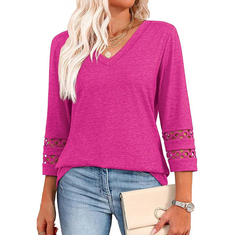 Solid Color Loose V-neck 34 Sleeves Women