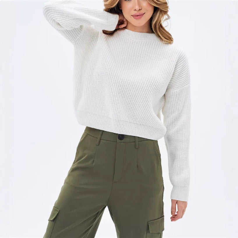 Women's Solid-color Crew-neck Loose-fitting Pullover Sweater