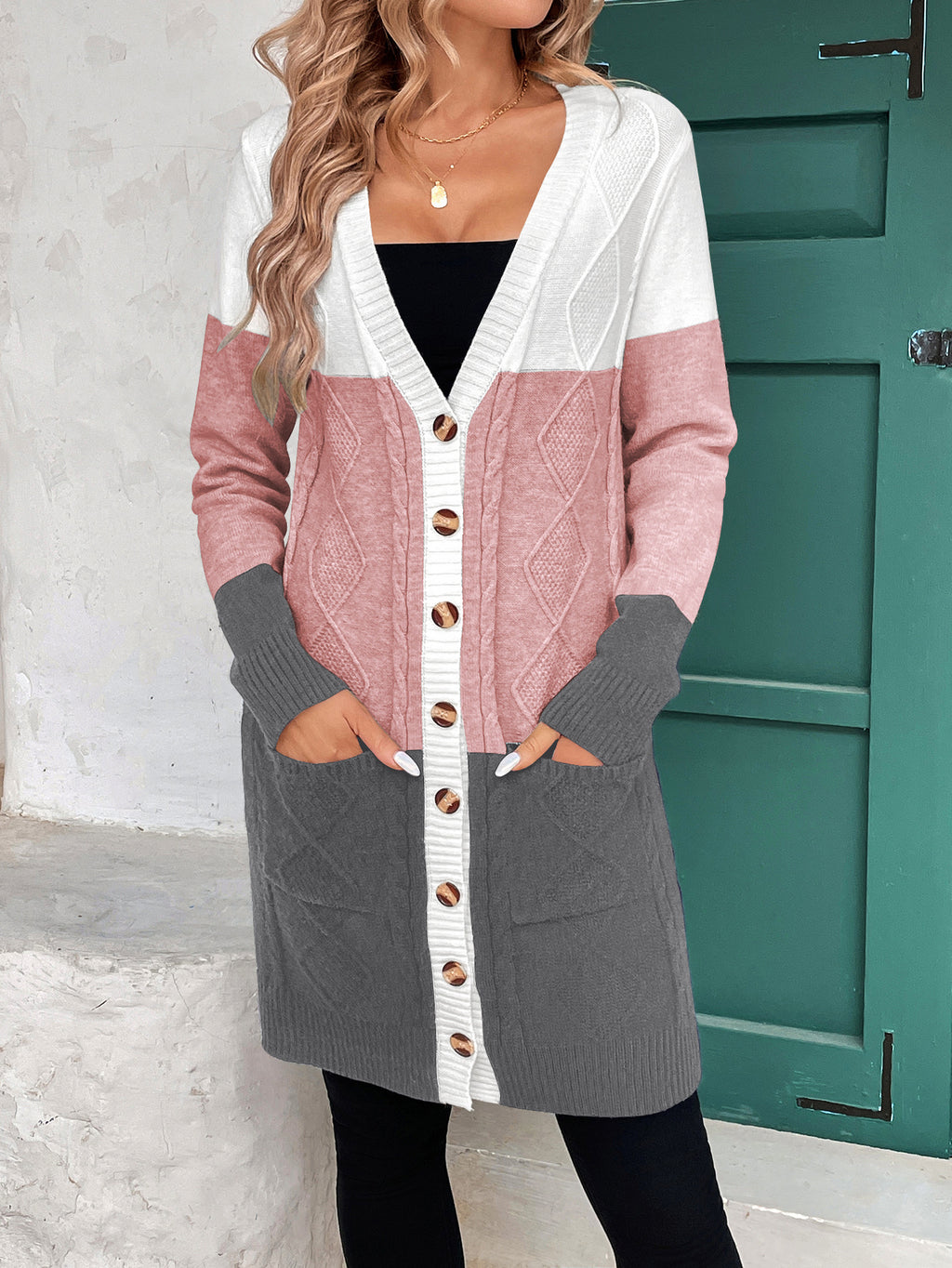 Thread Contrast Color Mid-length Simple Style V-neck Coat