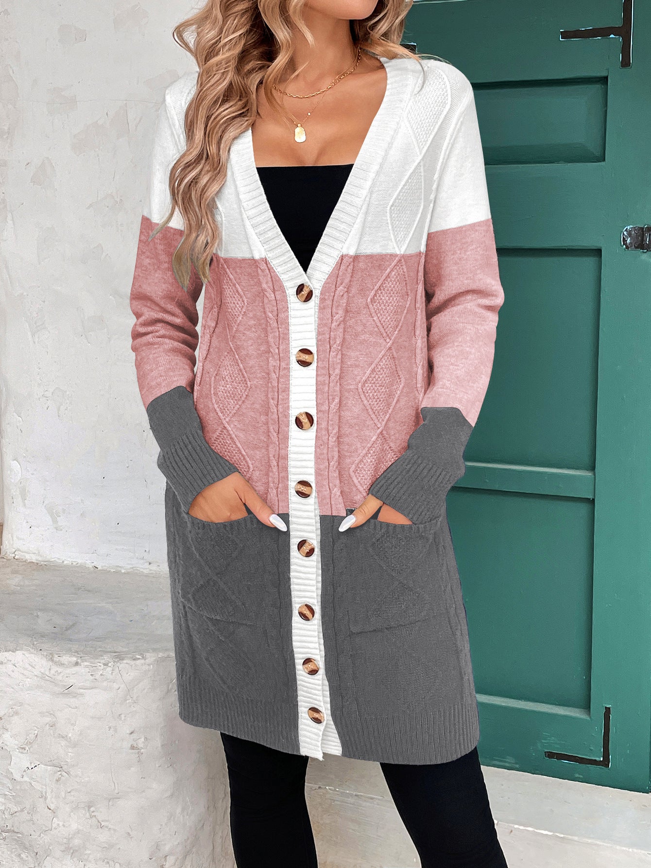 Thread Contrast Color Mid-length Simple Style V-neck Coat