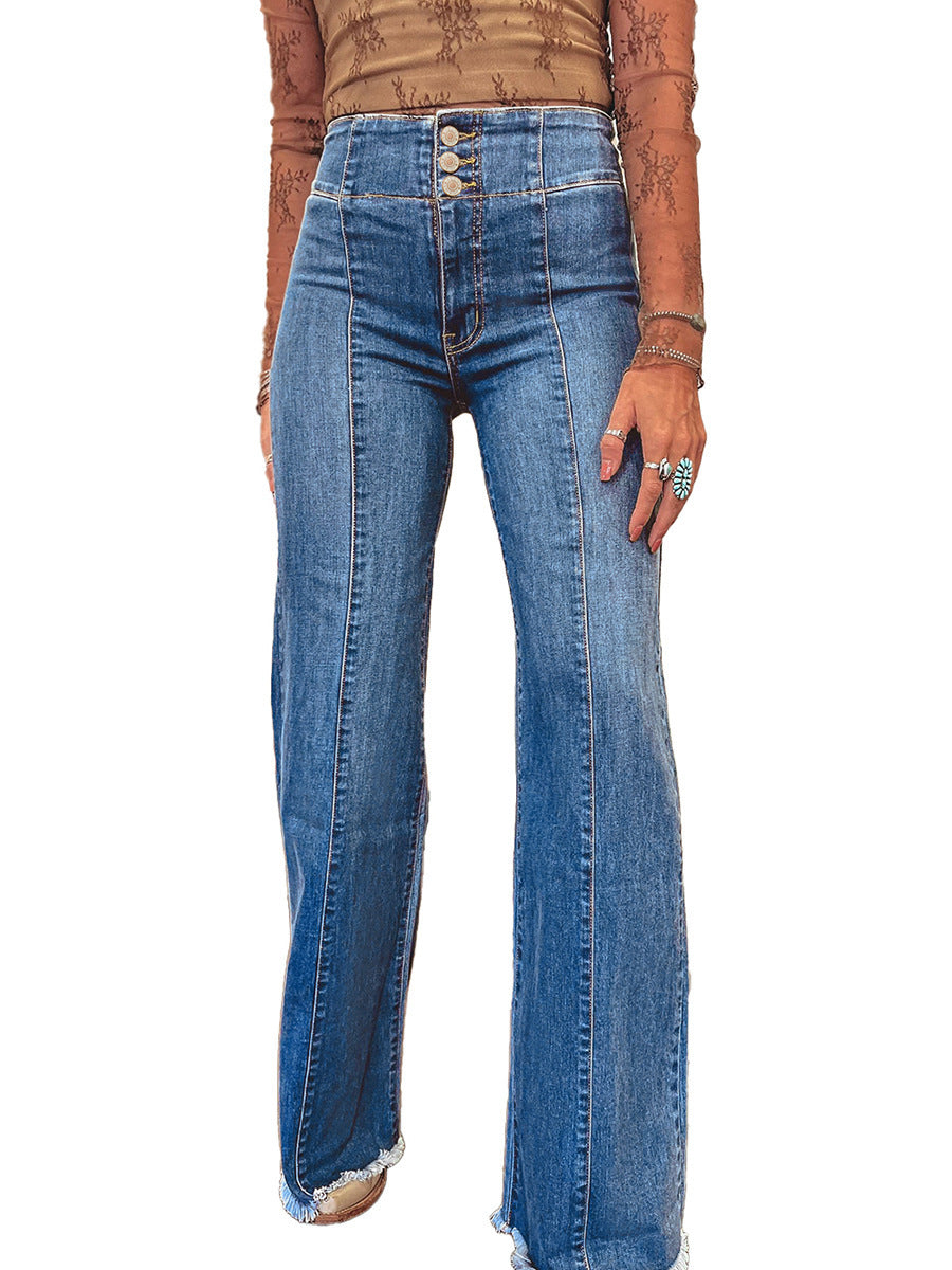 Trendy Slim-fit High-waist Solid-color Ripped Hem Jeans For Women
