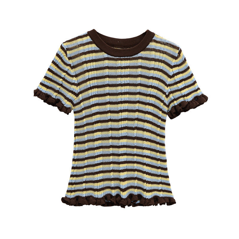 Simple Style Striped Round Neck Laminated Decoration Striped T-shirt