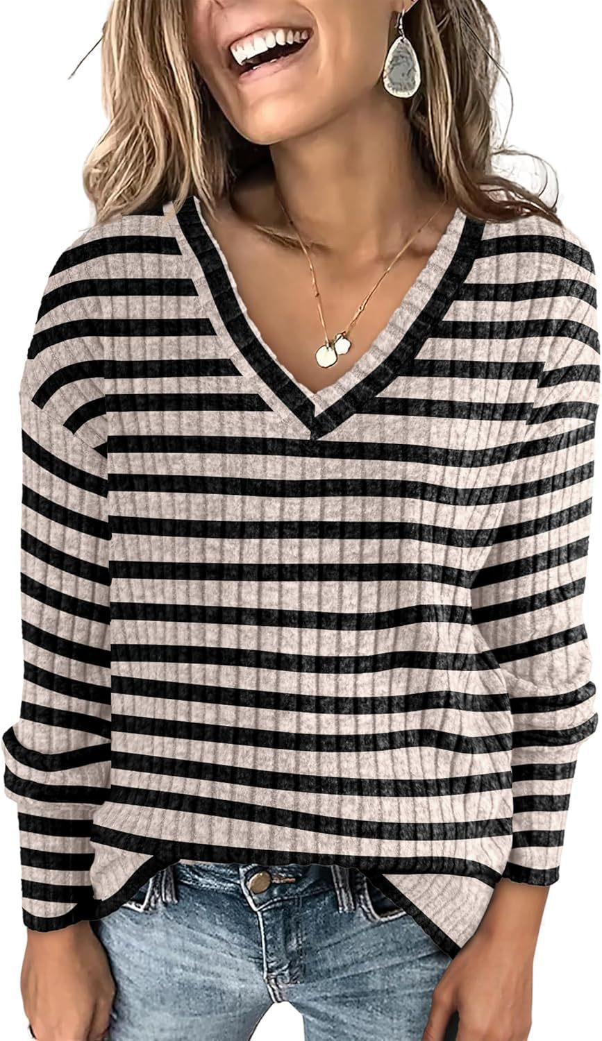 Cotton Striped Color Collision Design V-neck Pullover Long Sleeve Top Sweater