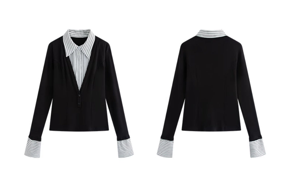 Slimming Patchwork Long-sleeve T-shirt Plus Size Top