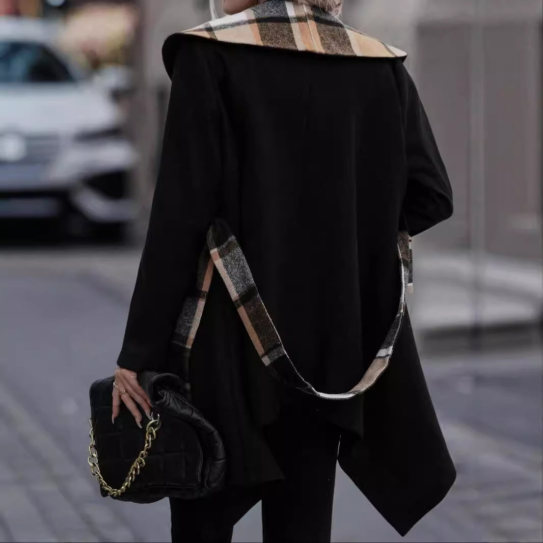 Lace-up Plaid Color Matching Wool Mid-length Trench Coat For Women