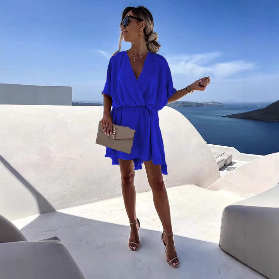Waist V-neck Best Selling Women's Clothes Solid Color Dress