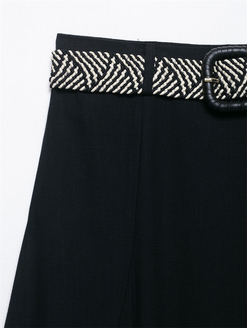Belt Linen Blend Midi Skirt Skirt