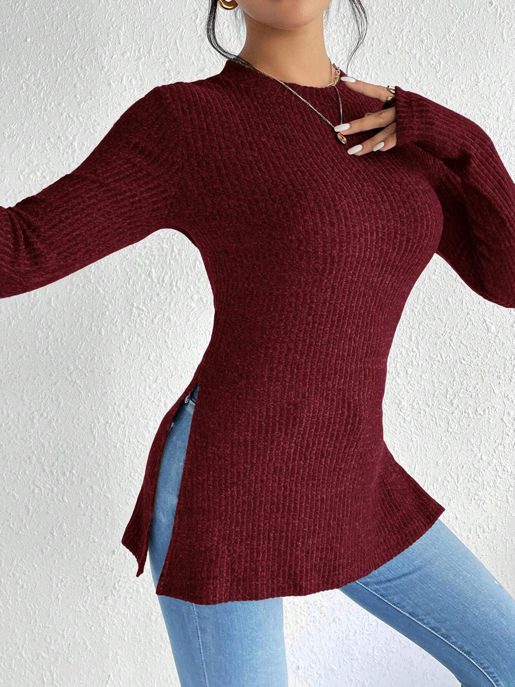 Slim-fit Sunken Stripe Brushed Round Neck Hem Rib Knitted T-shirt