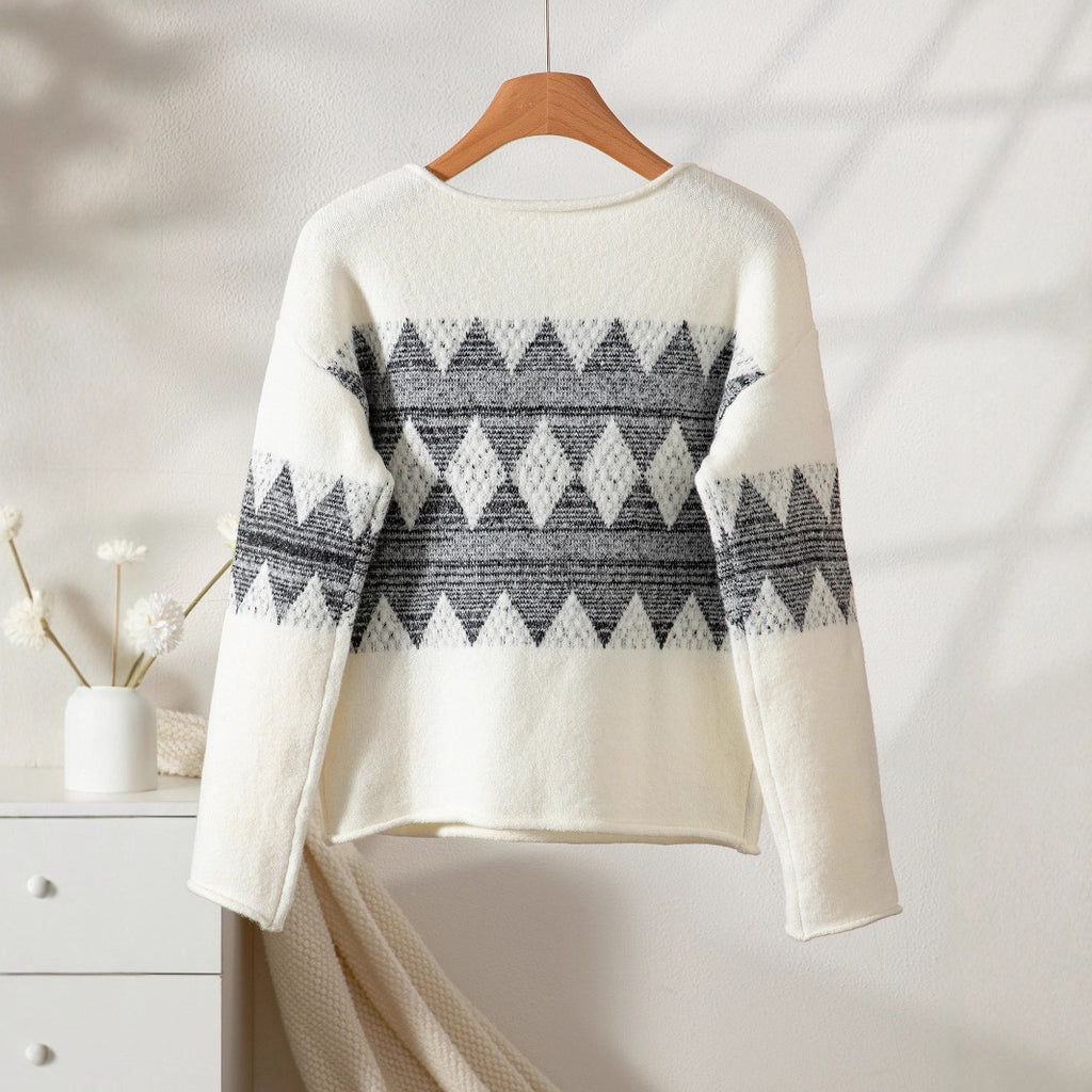Women's Casual Simple Round Neck Jacquard Knitted Top