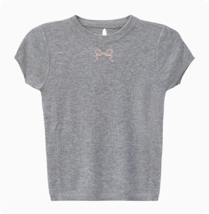 Sweet Girl Short Sleeve Bow Knitted T-shirt