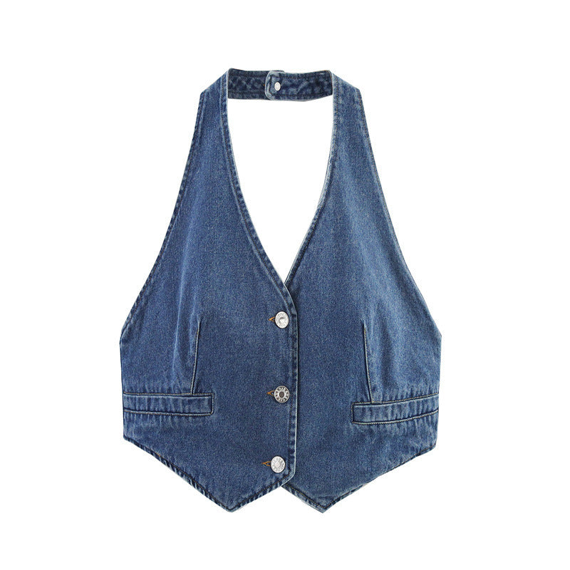 European And American Style Fashion Denim Backless Top