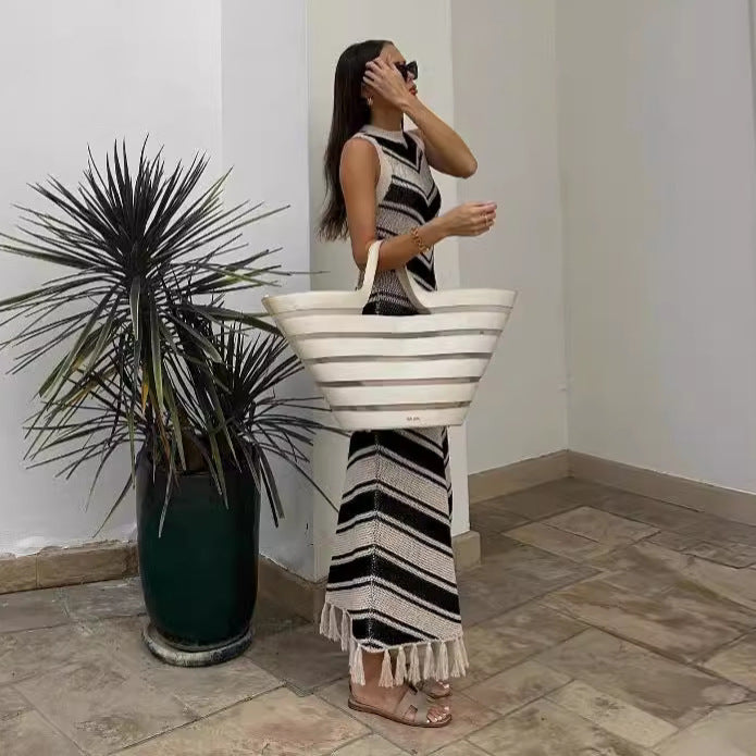 Sexy Tight Striped Tassel Knitted Dress