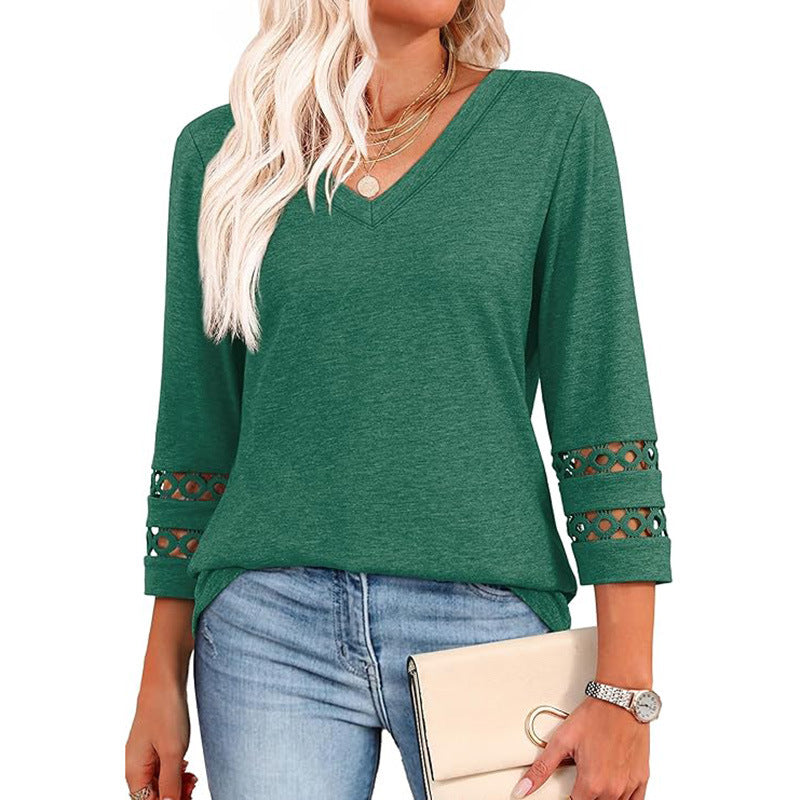 Solid Color Loose V-neck 34 Sleeves Women