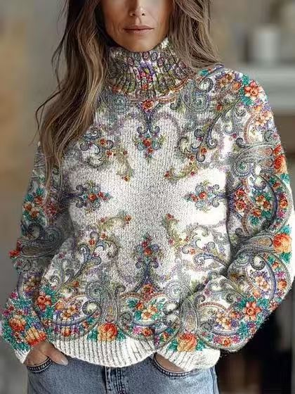 Womens Floral-Print Turtleneck Sweater