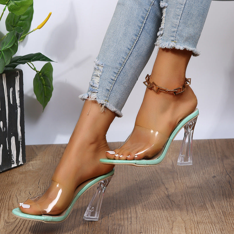 Transparent Mid-heel Crystal Toe High Heel Slippers