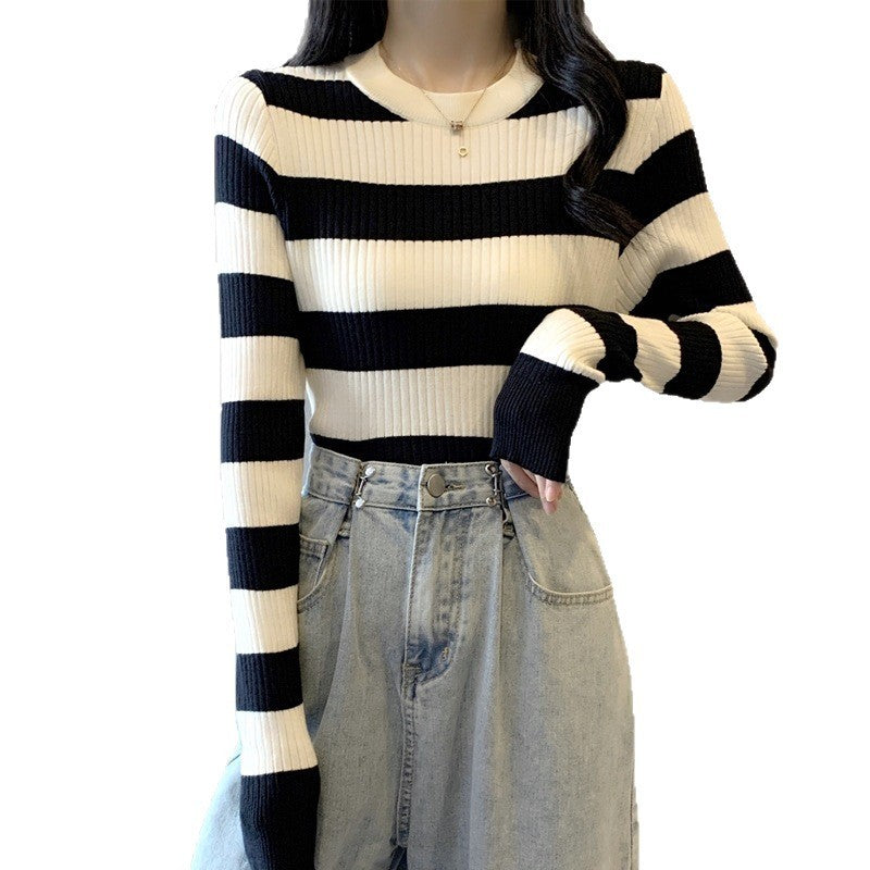 Striped Knitted Skinny Inner Match Women's Long Sleeve