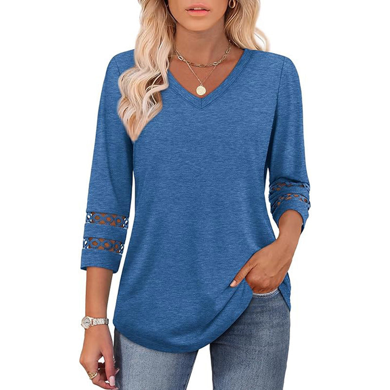 Solid Color Loose V-neck 34 Sleeves Women