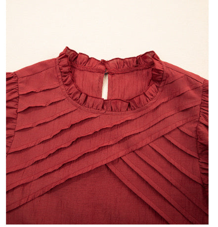 Red Dahlia Solid Color Pleated Detail Ruffle Short Sleeve Blouse