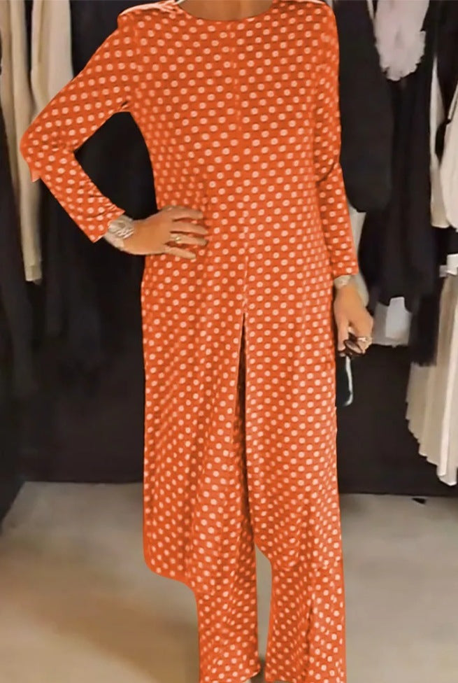 Round Neck Long Sleeve Split Polka Dot Trousers Casual Suit Women