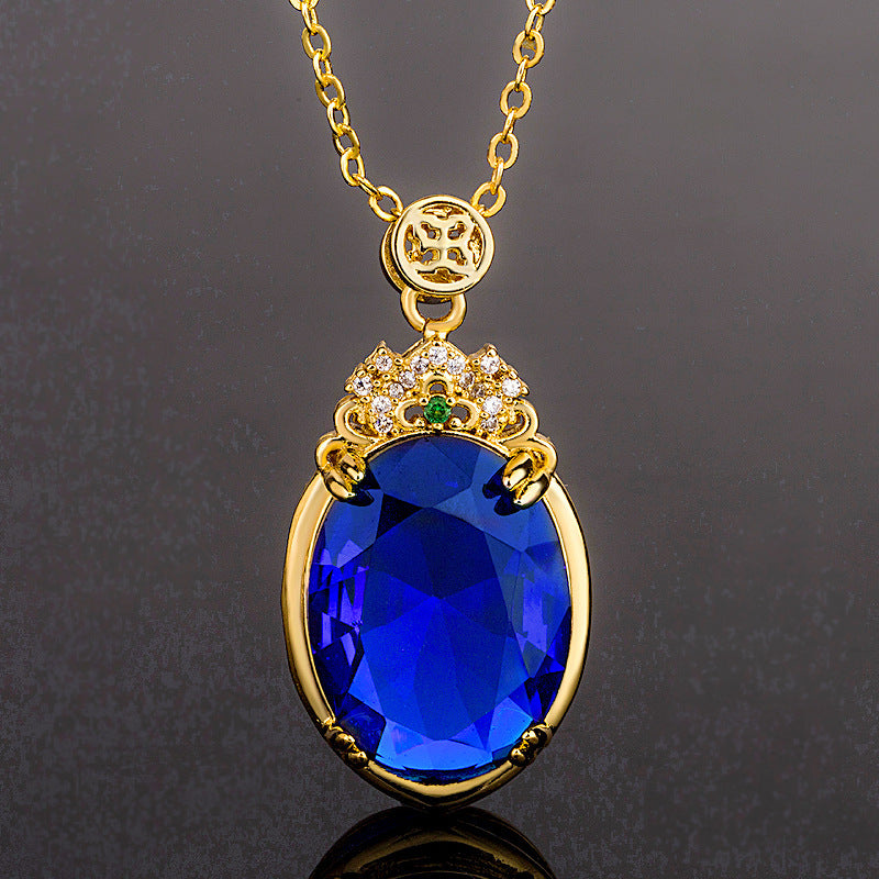 Korean Style Hot Sale Big Stone Brazil Topaz Sapphire Pendant 18K Gold Plating With Diamond Inlaid Luxury Atmosphere