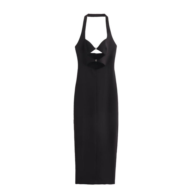 European And American Sexy Buckle Decoration Opening Design Hanging Collar Dress