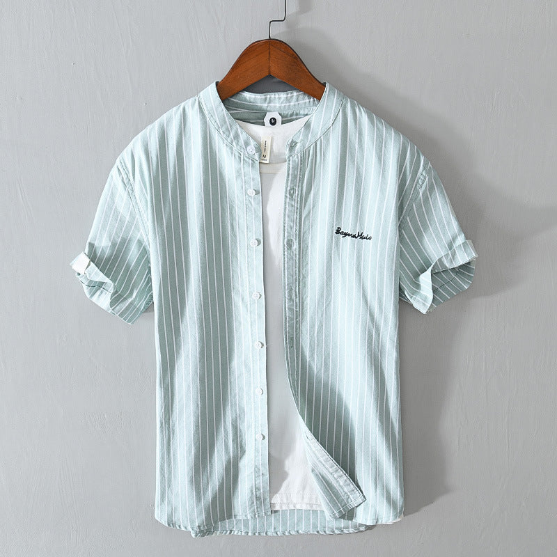English Letter Stripes Short Sleeve Embroidered Shirt Men's Clothing