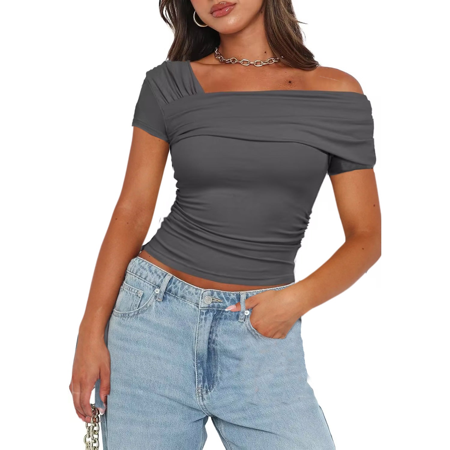 Solid Color Decorative Short Strapless Short Sleeve Women