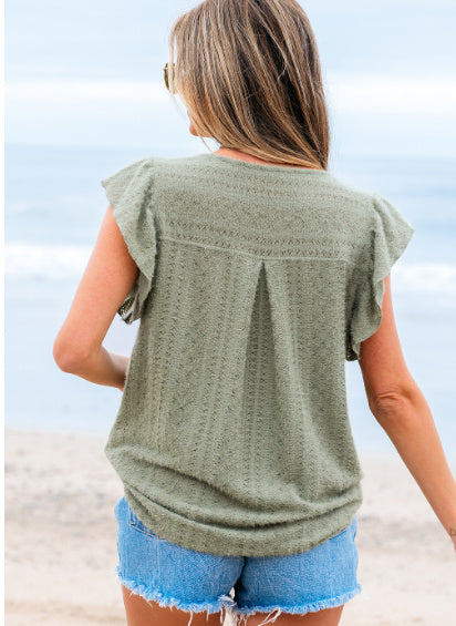Laurel Green Flutter Sleeve Lace V Neck Shirt