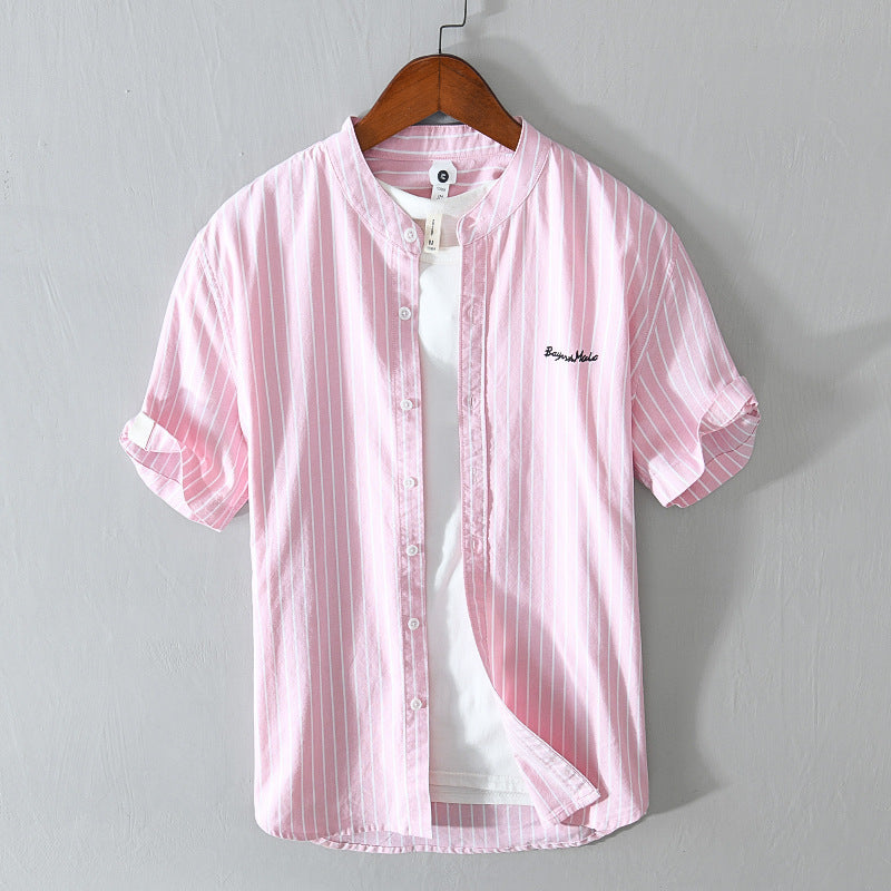 English Letter Stripes Short Sleeve Embroidered Shirt Men's Clothing