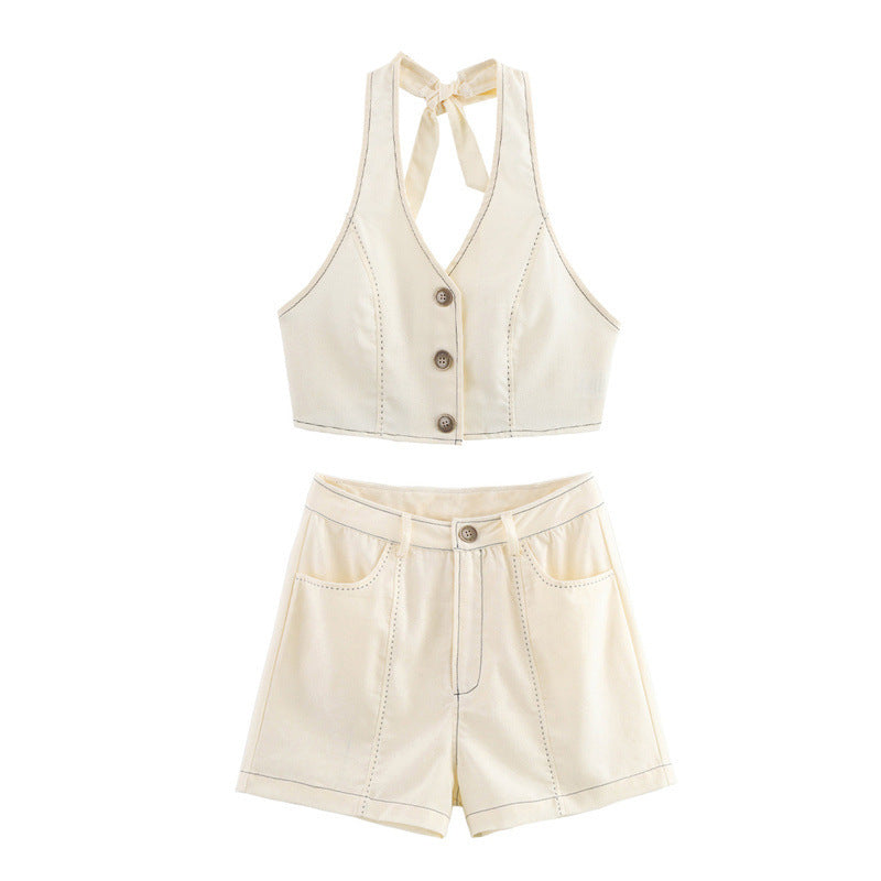 European And American Trends Style Sleeveless Halter Strap Top Design Short Two-piece Set