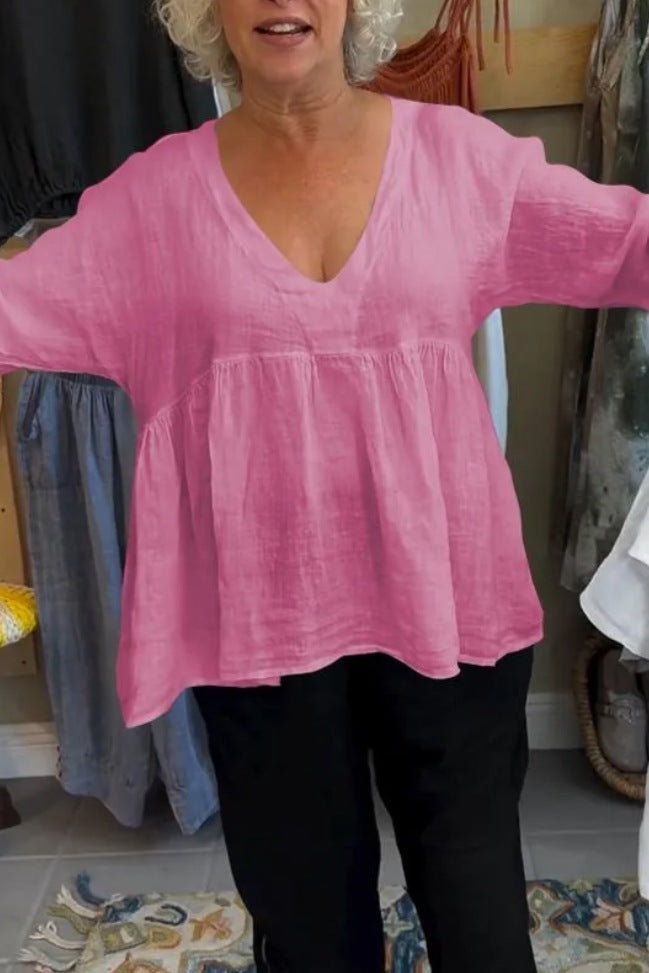 Women's Cotton And Linen Deep V-neck Solid Color Loose Top