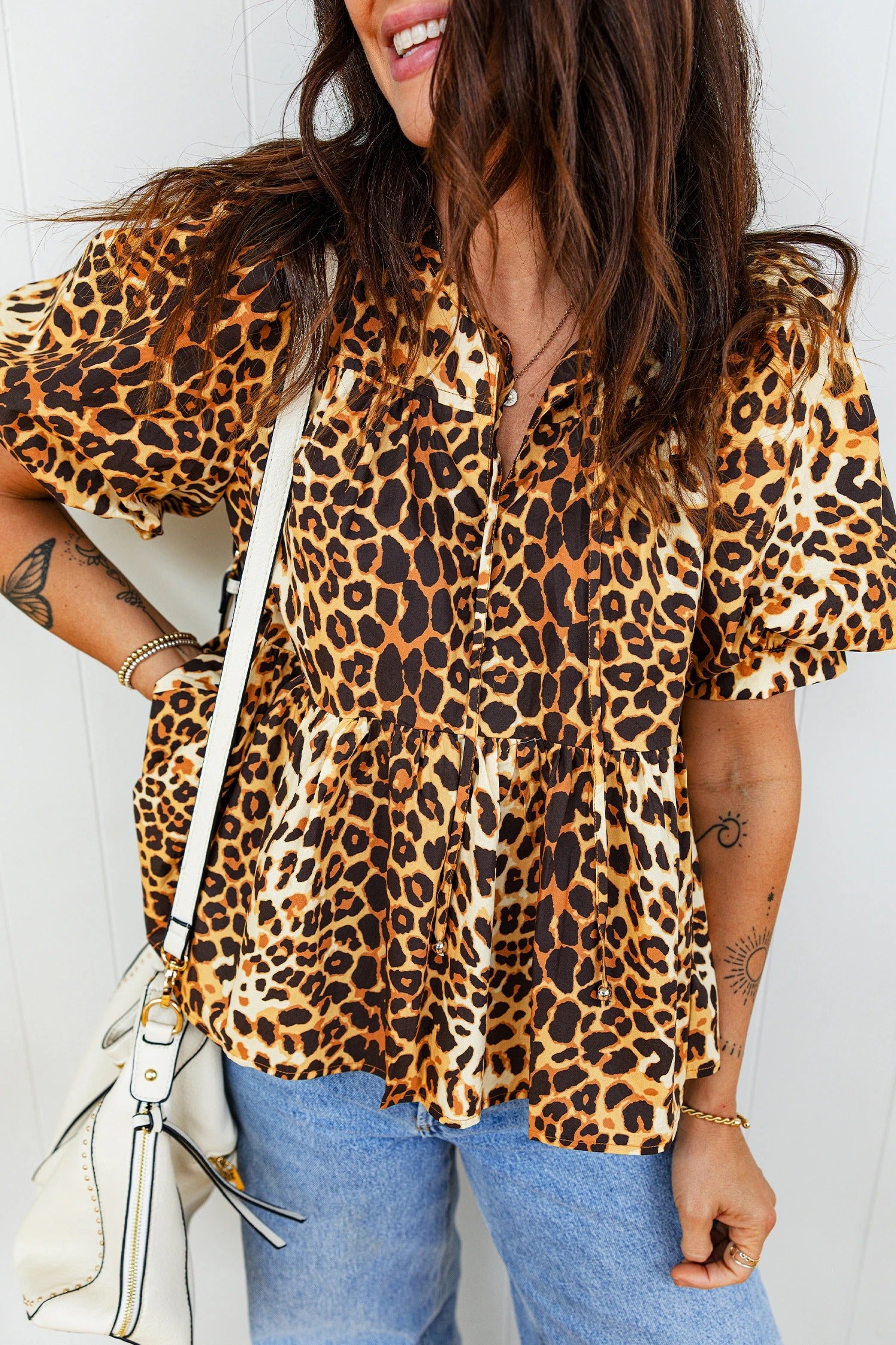 Womens Casual Leopard-print Loose-fit Short-sleeve Top