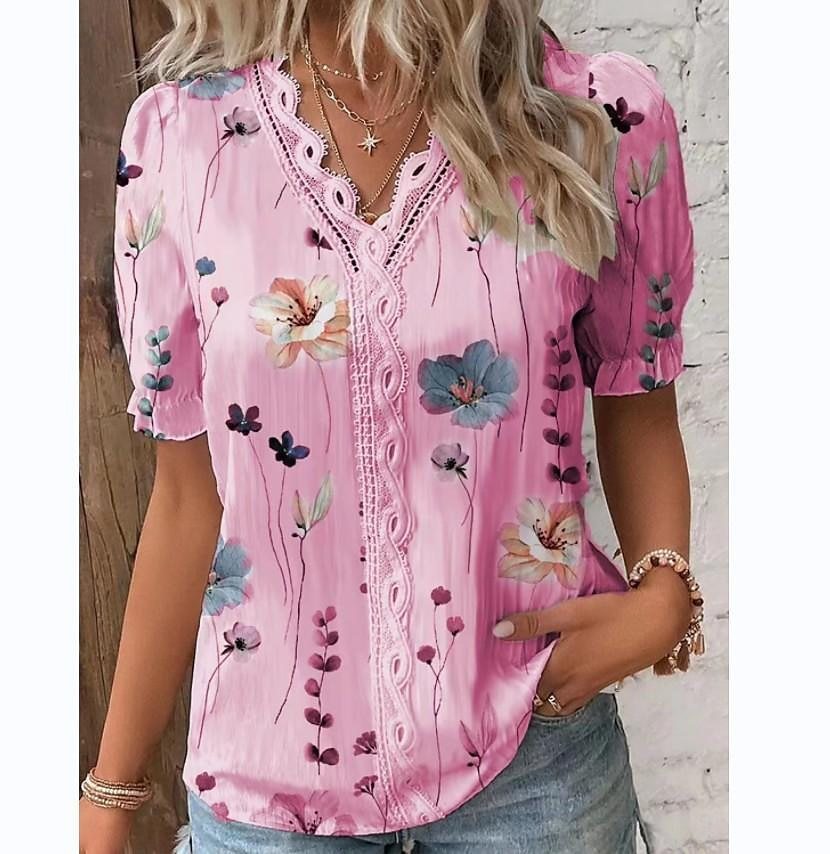 V-neck Holiday Fashion Floral Short Sleeve