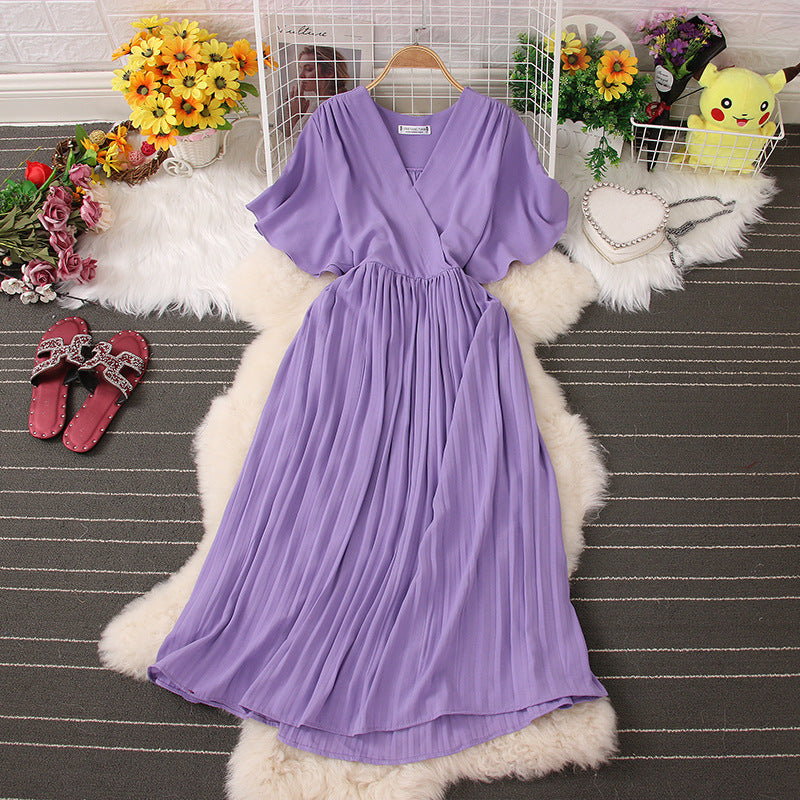 Below The Knee Slim Fit Temperament Waist-controlled Women's V-neck Short Sleeve Dress