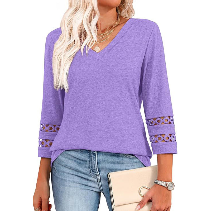 Solid Color Loose V-neck 34 Sleeves Women