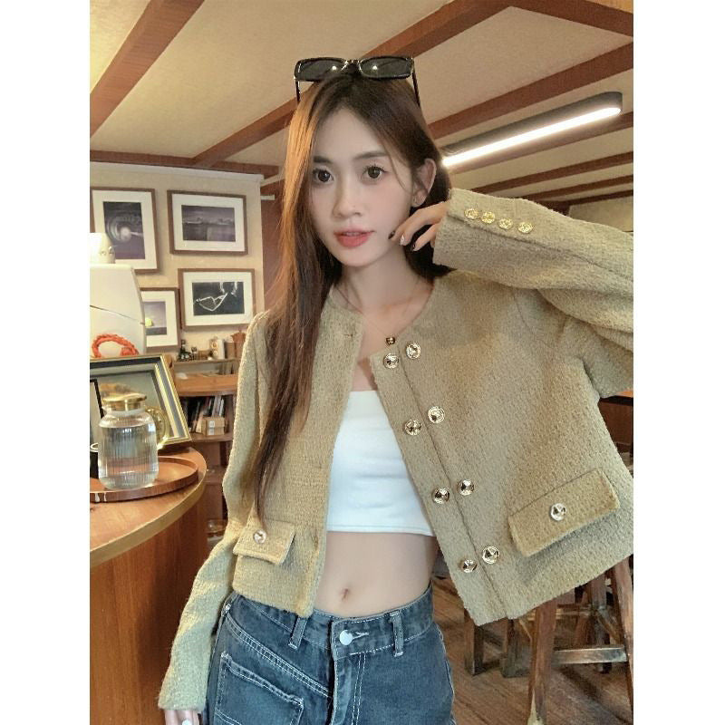 Apricot Round Neck All-matching Fashion French Style Short Coat