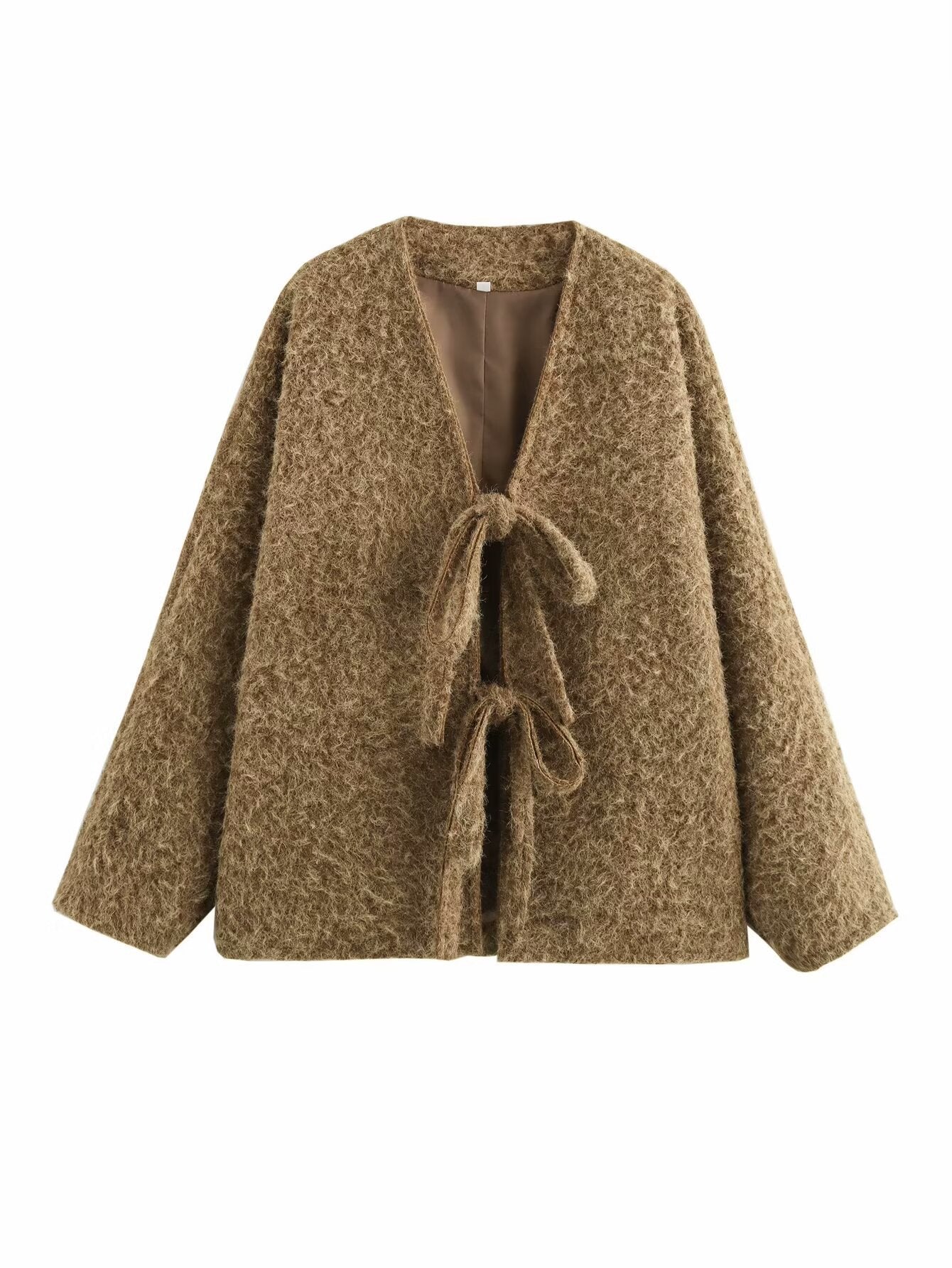 V-neck Cardigan Fashion Casual Lace Up Woolen Coat Short Coat