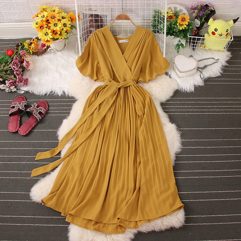 Below The Knee Slim Fit Temperament Waist-controlled Women's V-neck Short Sleeve Dress
