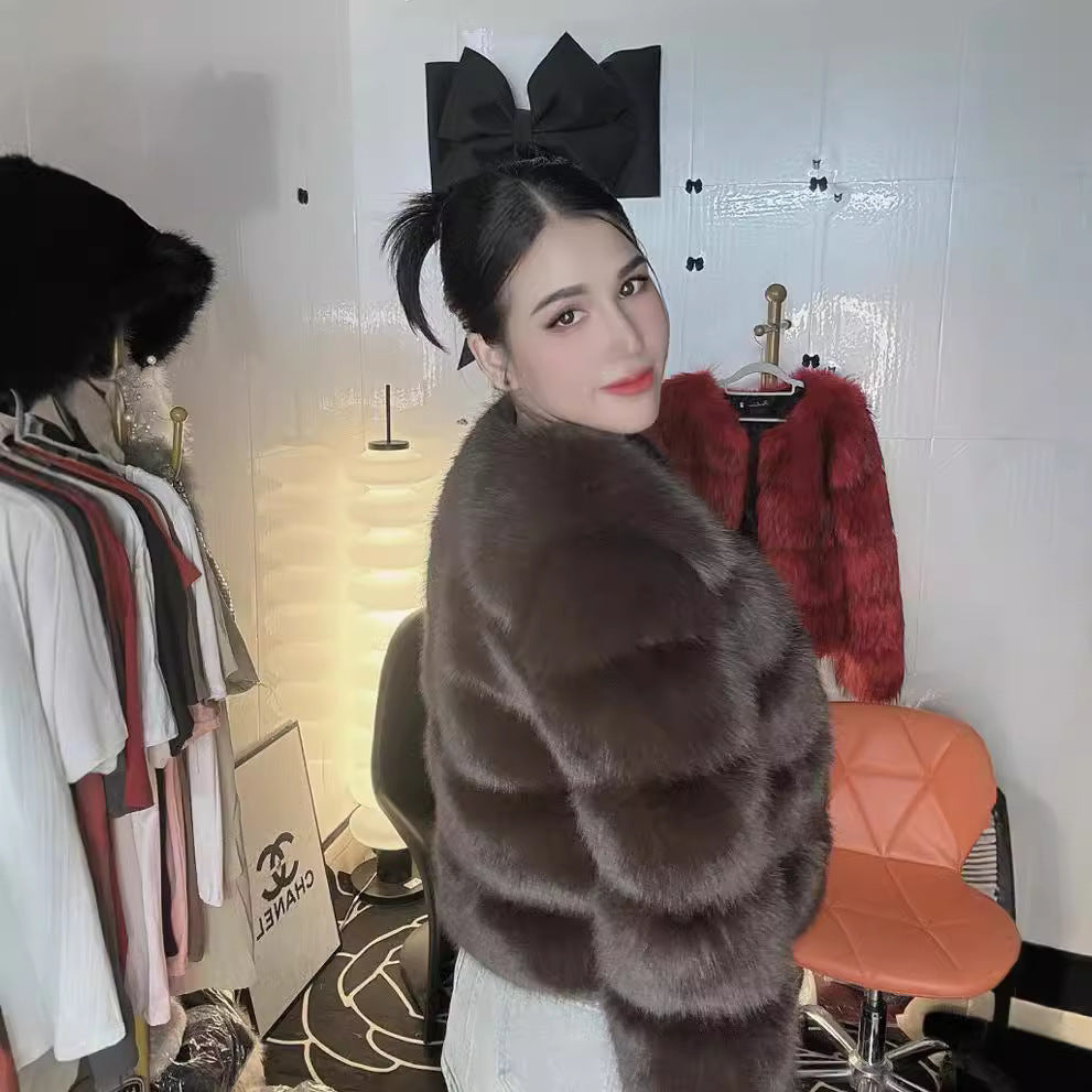 Coat Fox Fur Stitching Thickening Warm Long Sleeves Short