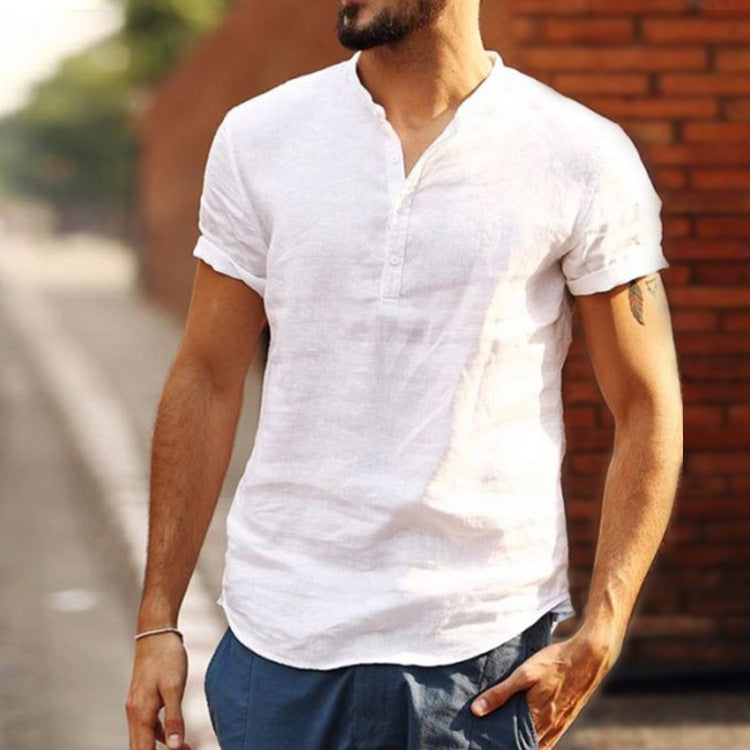 Stand collar cotton linen short sleeve shirt
