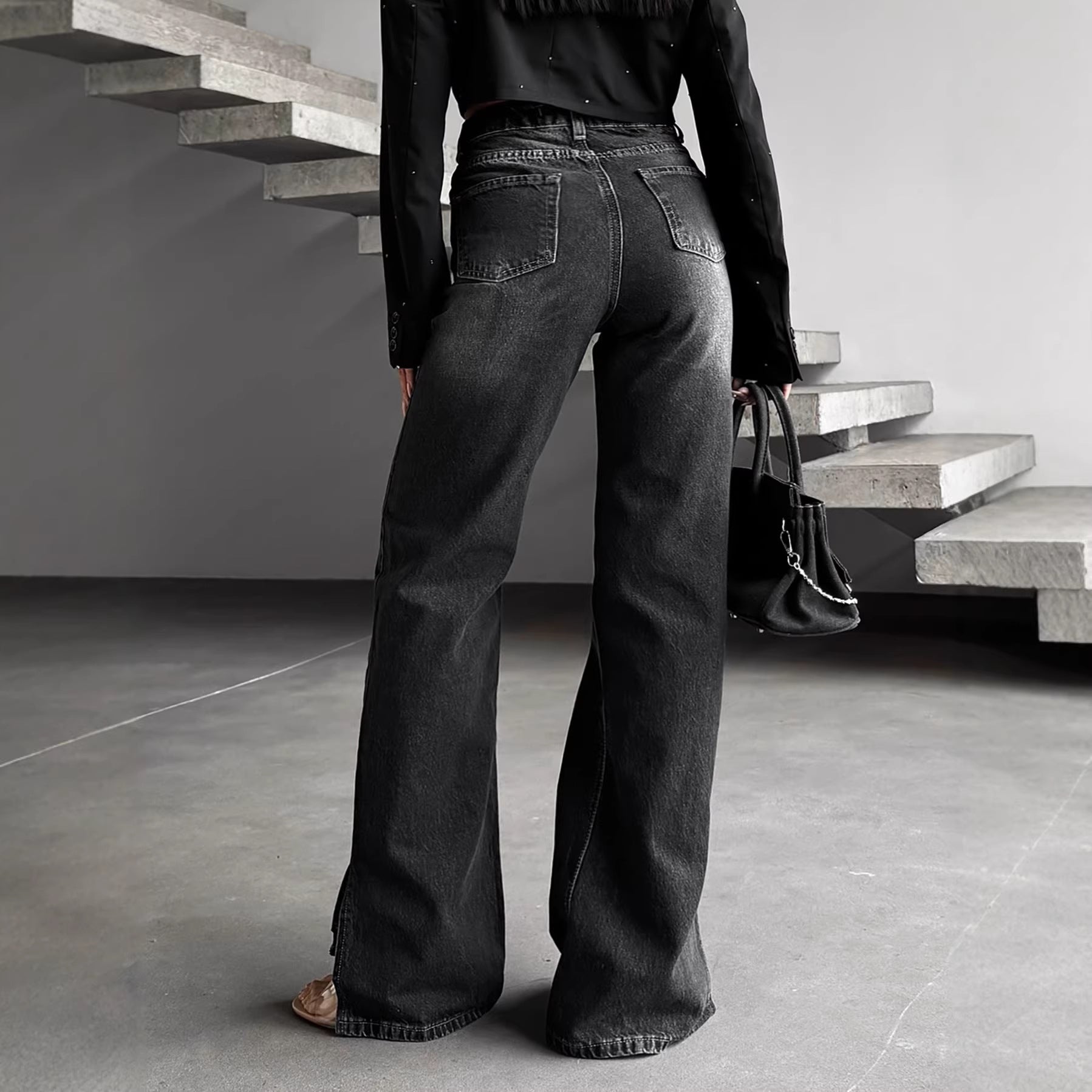 High-waisted, Slightly Flared, Washed Denim Jeans With A Slanted Waistband
