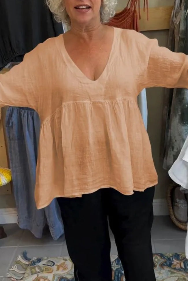 Women's Cotton And Linen Deep V-neck Solid Color Loose Top