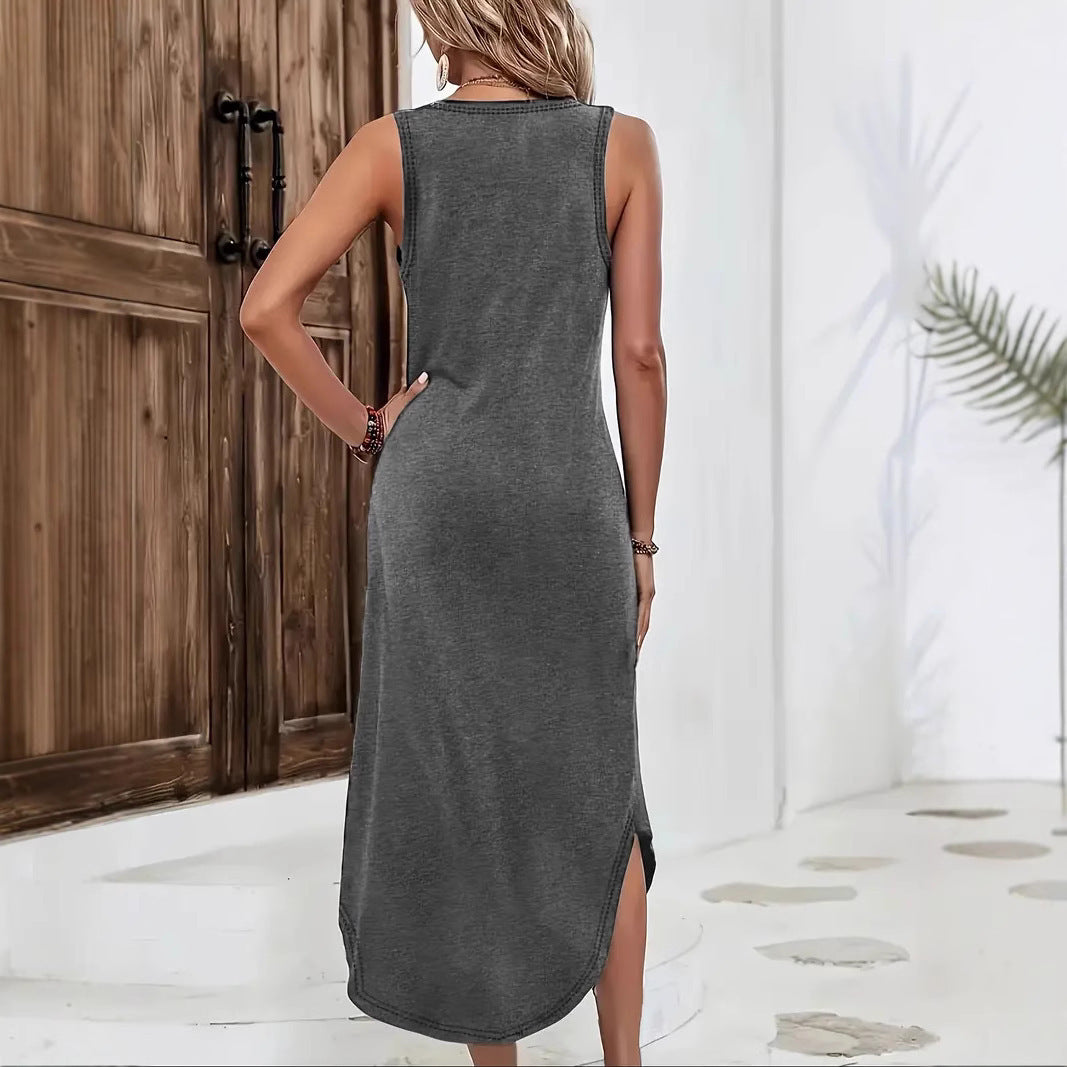 European And American Summer Women's Sleeveless V-neck Slit Mid-length Knitted Dress