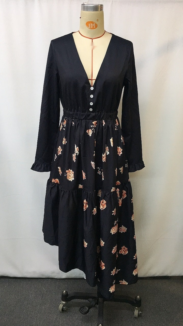 Western Denim Ethnic Style Flower Vintage Print Dress