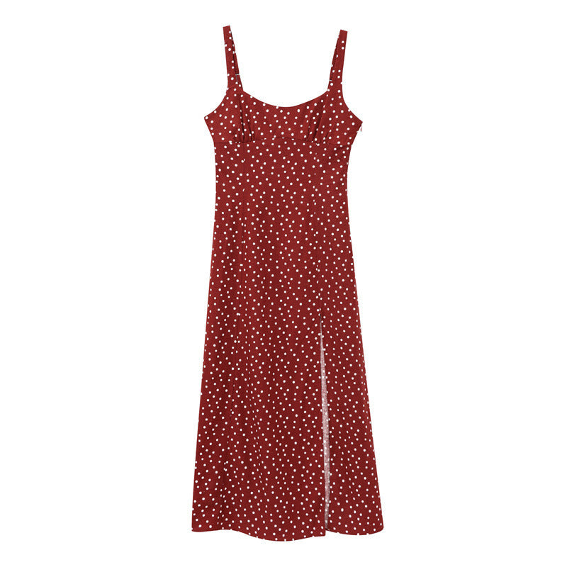 Linen Blended Polka Dot Midi Skirt Suspender Red Dress