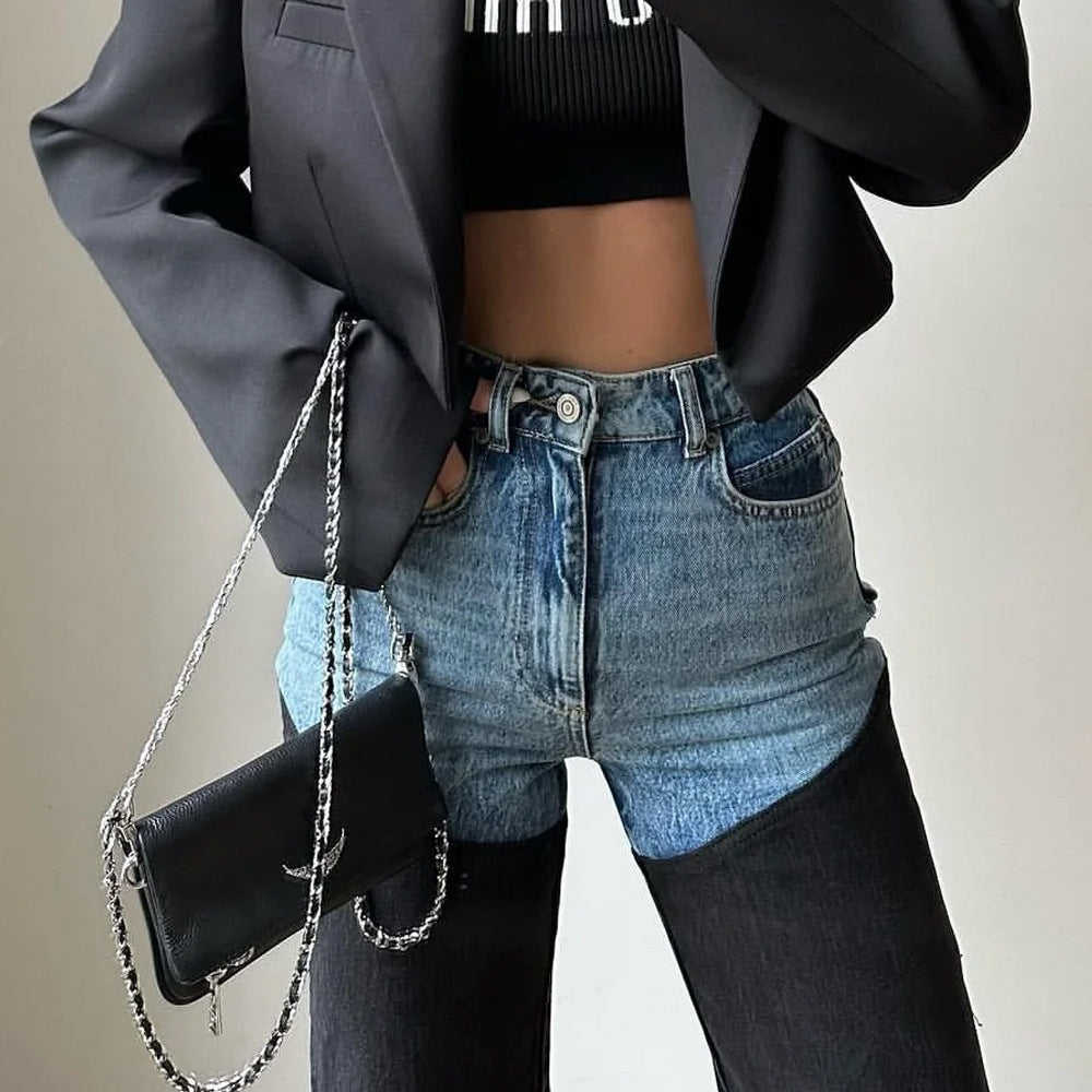 Spring Leisure Color Contrast Patchwork Straight Women's Worn Jeans