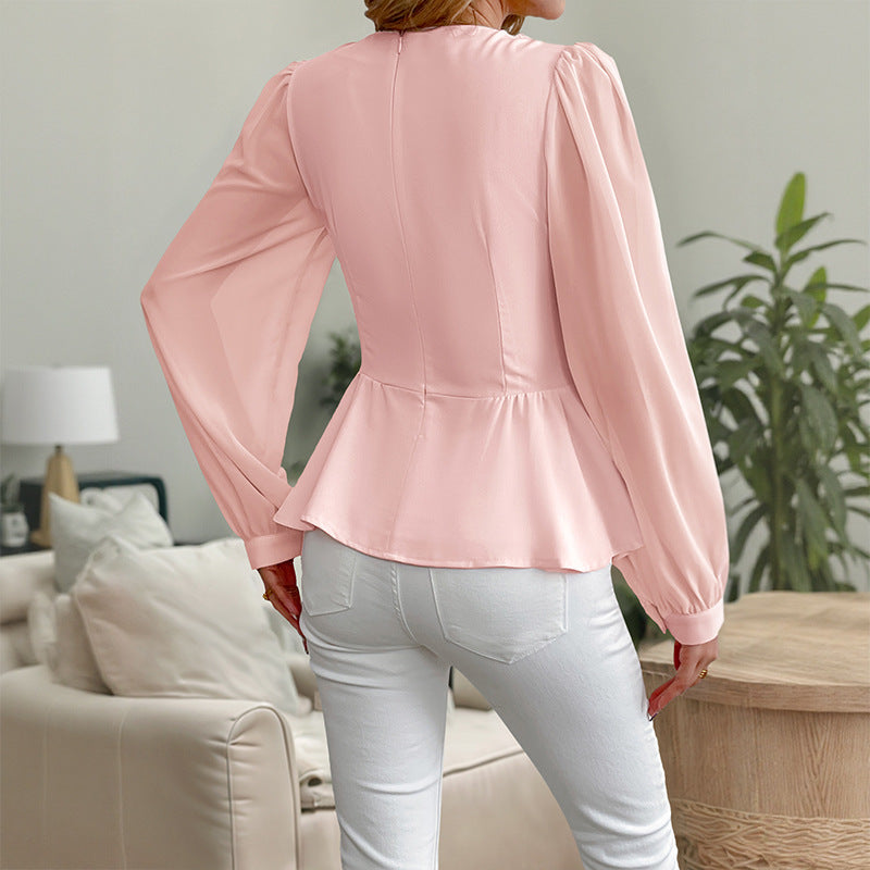 Waist-tight V-neck Three-dimensional Flower Blouse