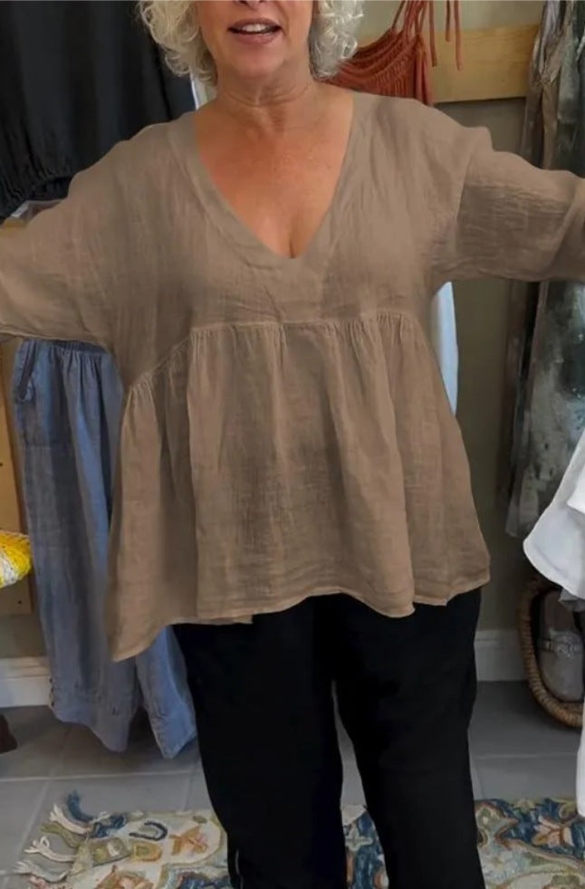 Women's Cotton And Linen Deep V-neck Solid Color Loose Top